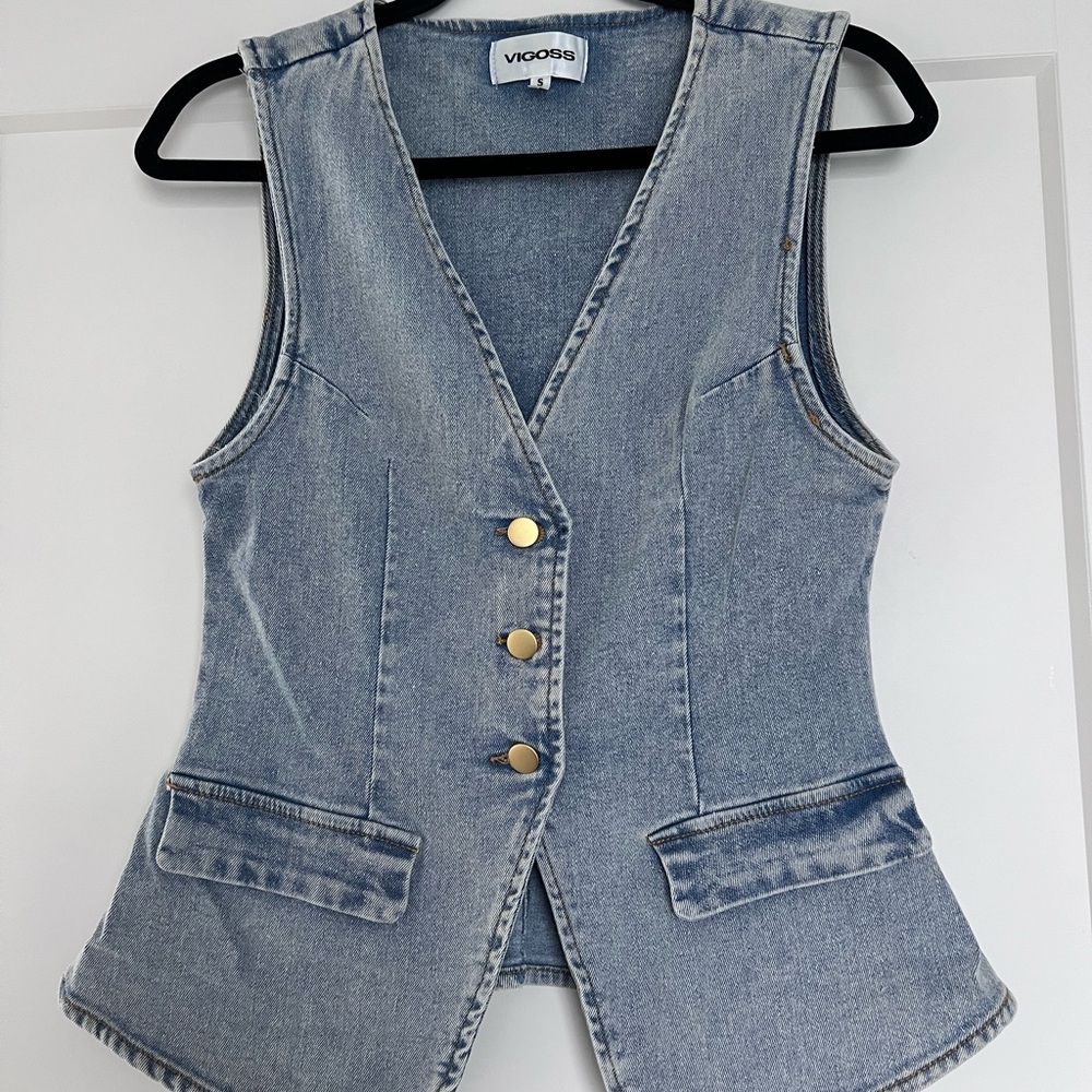 Vigoss Light Blue Denim Vest with Gold Accents